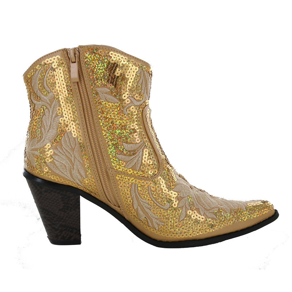 Gold Short Sequin & Embroidered Boots w/ Zipper