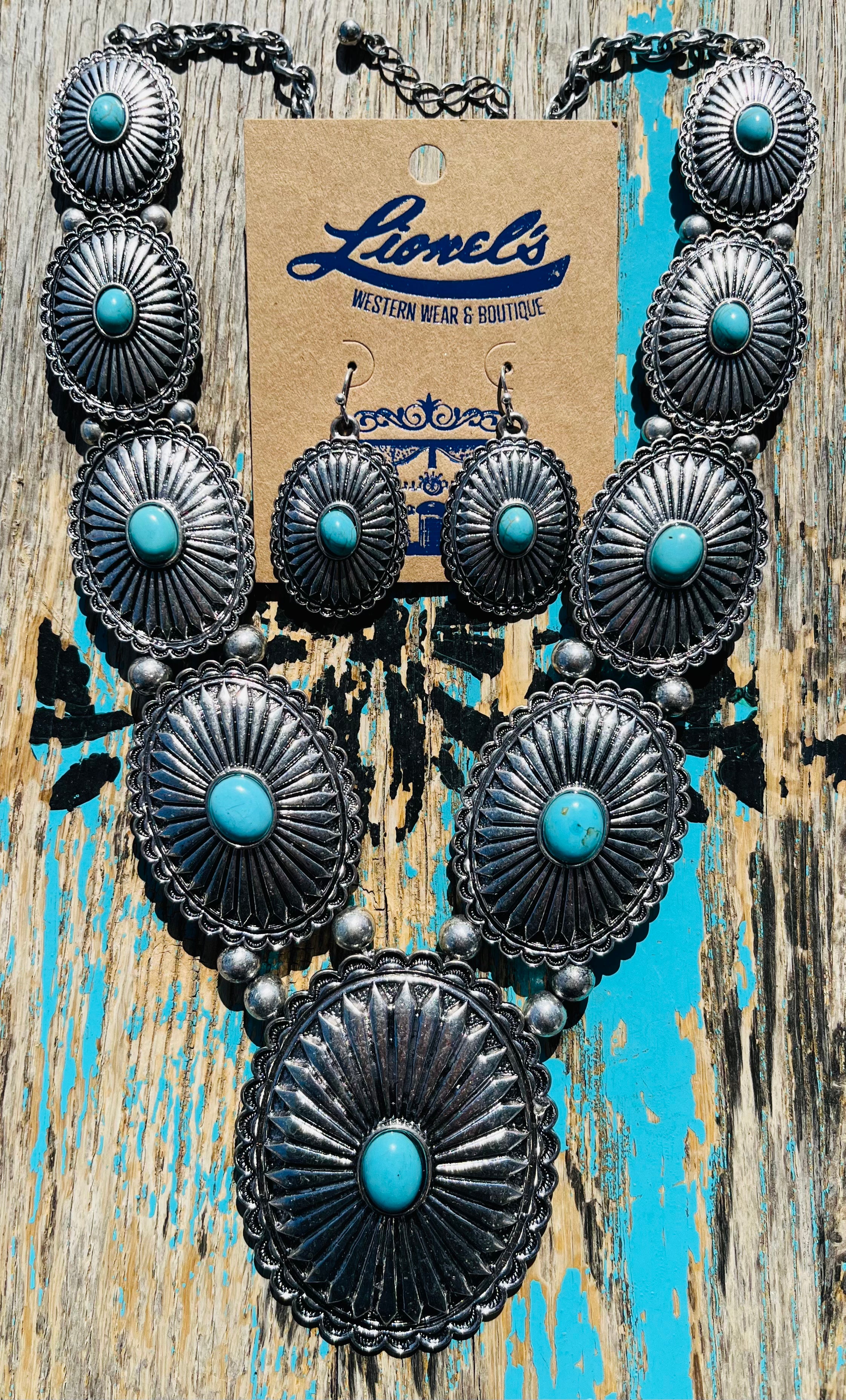 Oval Concho w/ Turquoise Center Squash Blossom Necklace w/Earrings