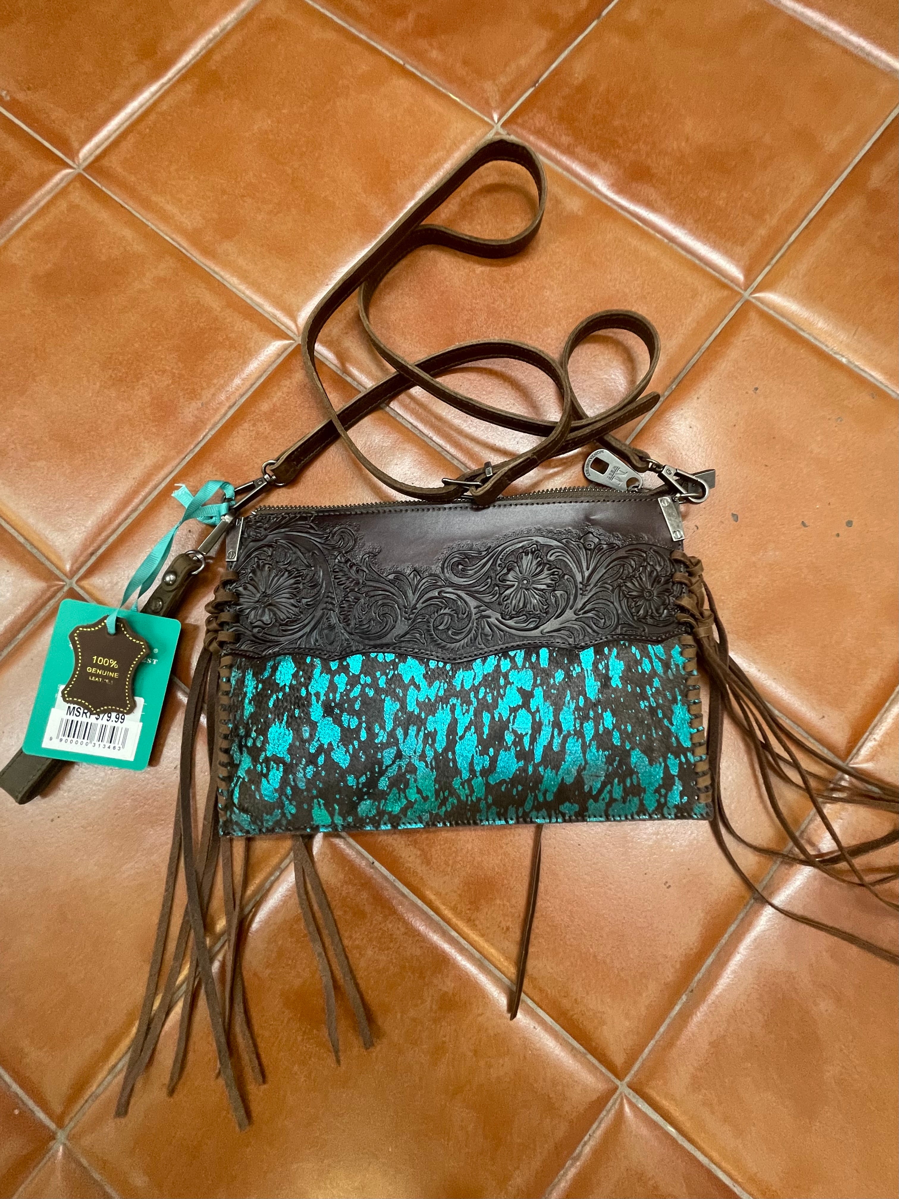 Turquoise & Chocolate Leather/Hide Fringed Purse
