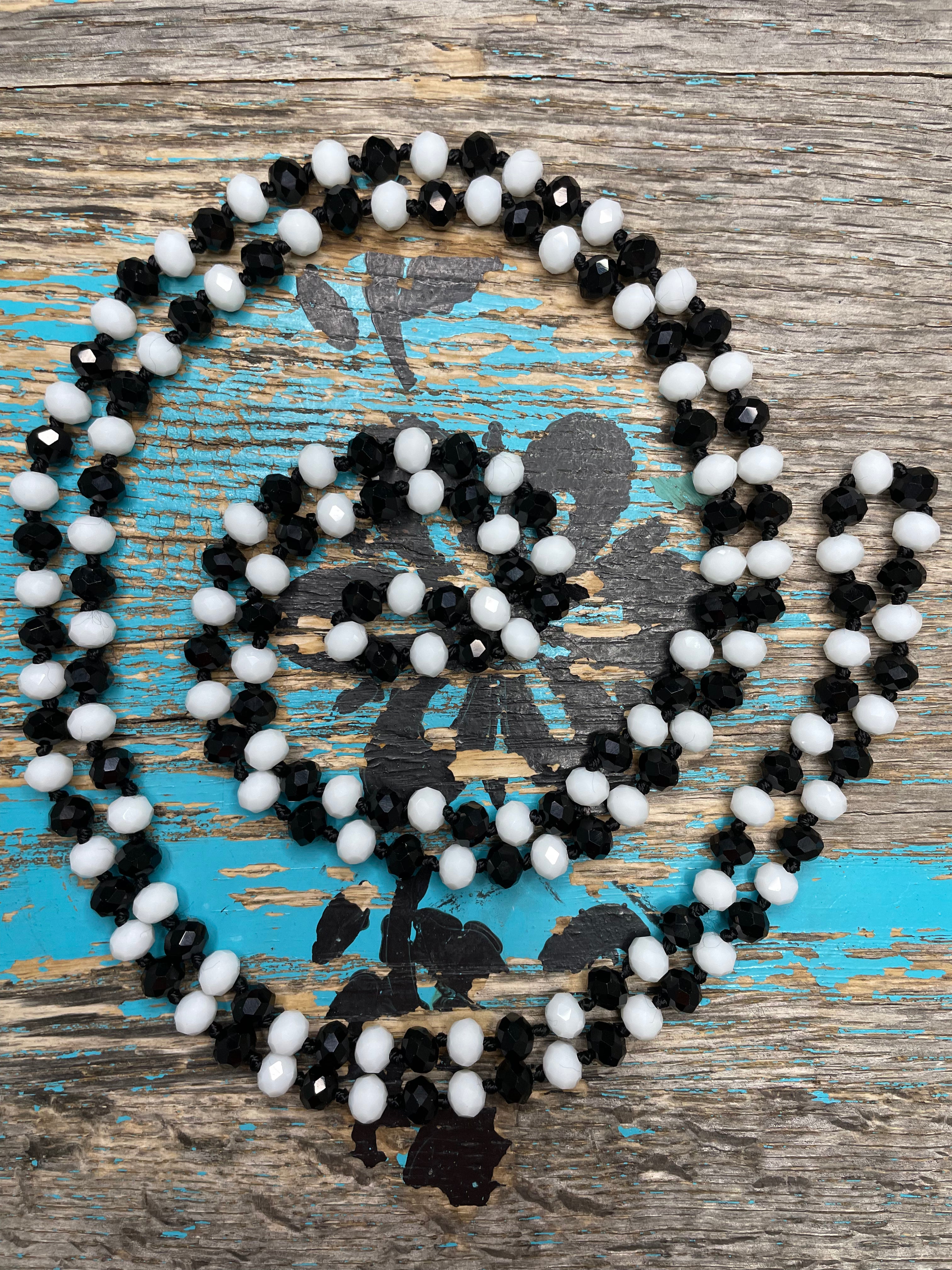 60" Hand Knotted BLACK & WHITE Bead Necklace