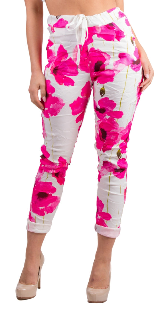 Hot Pink Flower Print Cropped Pant