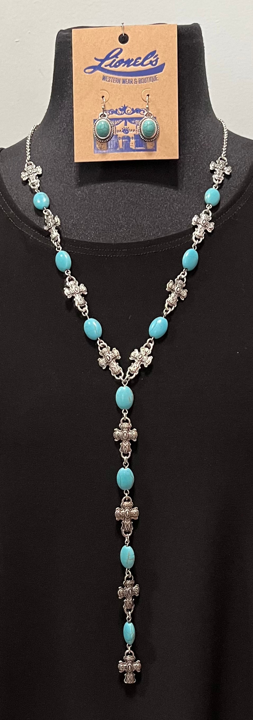 Oval Turquoise Beads & Crosses Necklace w/ Earrings