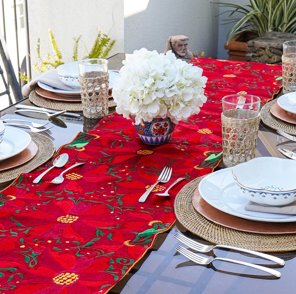 Red Poinsettia Floral Table Runner w/ Tassels