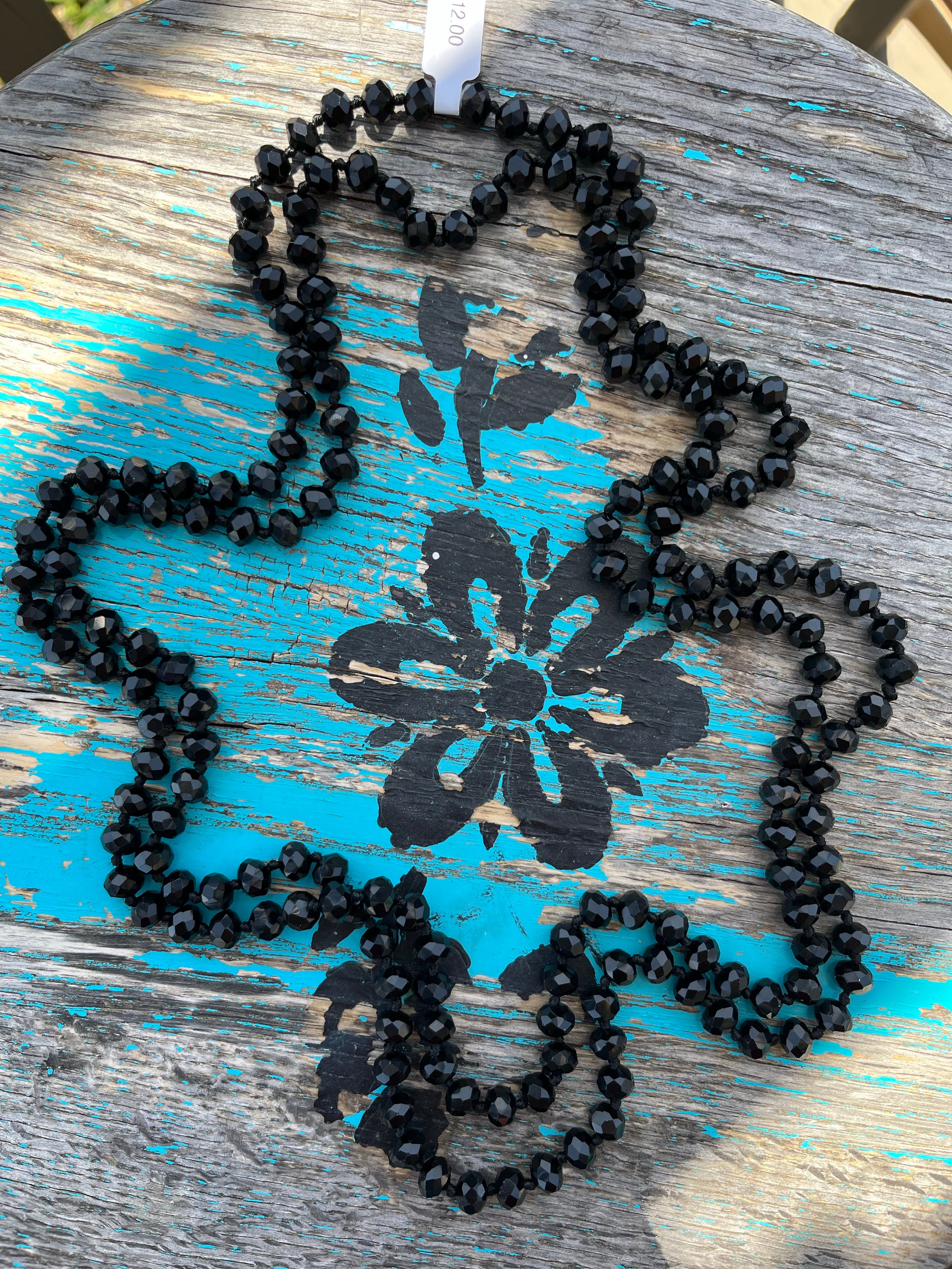 60" Hand Knotted BLACK Bead Necklace