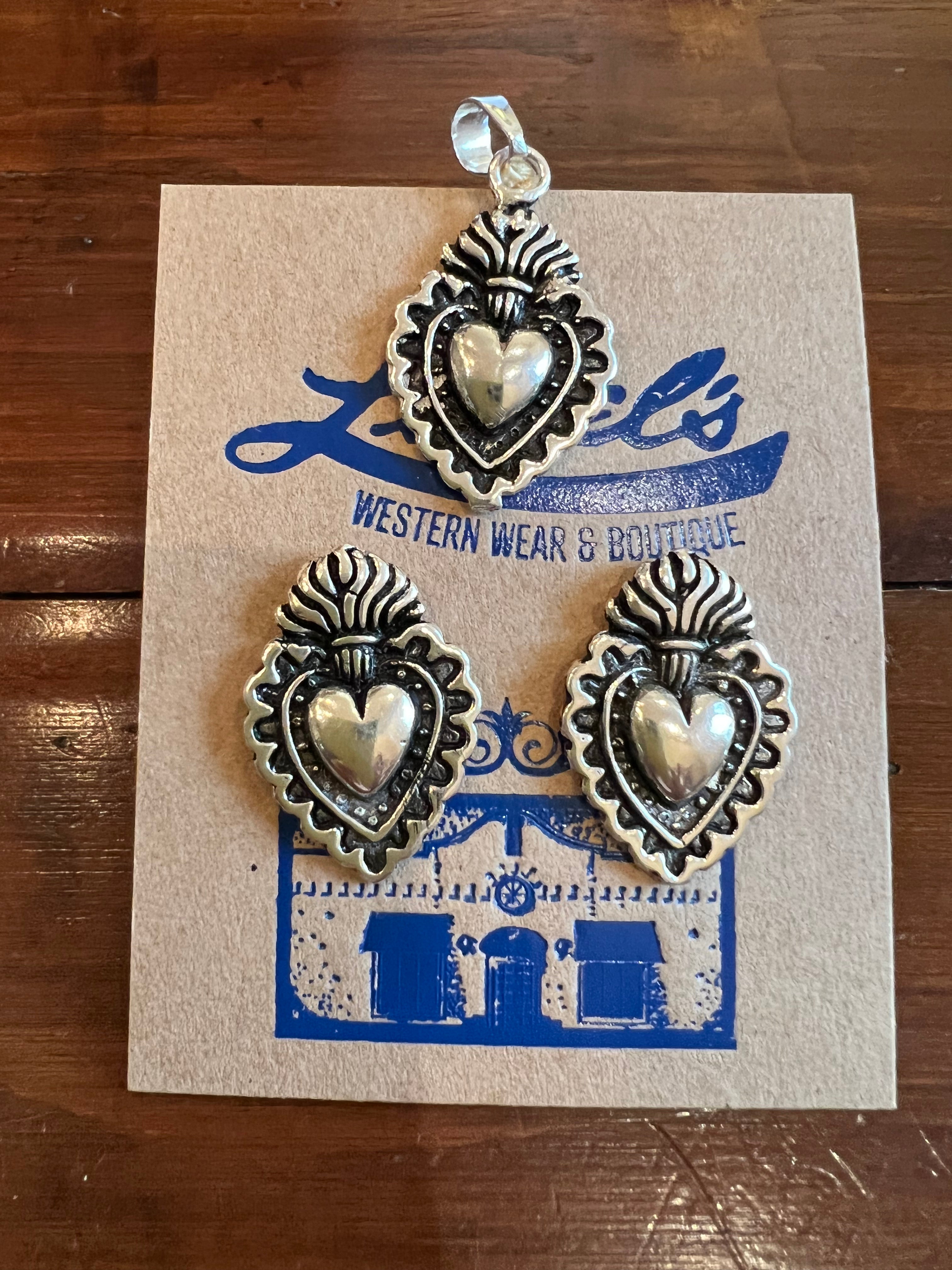 Sacred Heart Sterling Silver Pendant & Earring Set