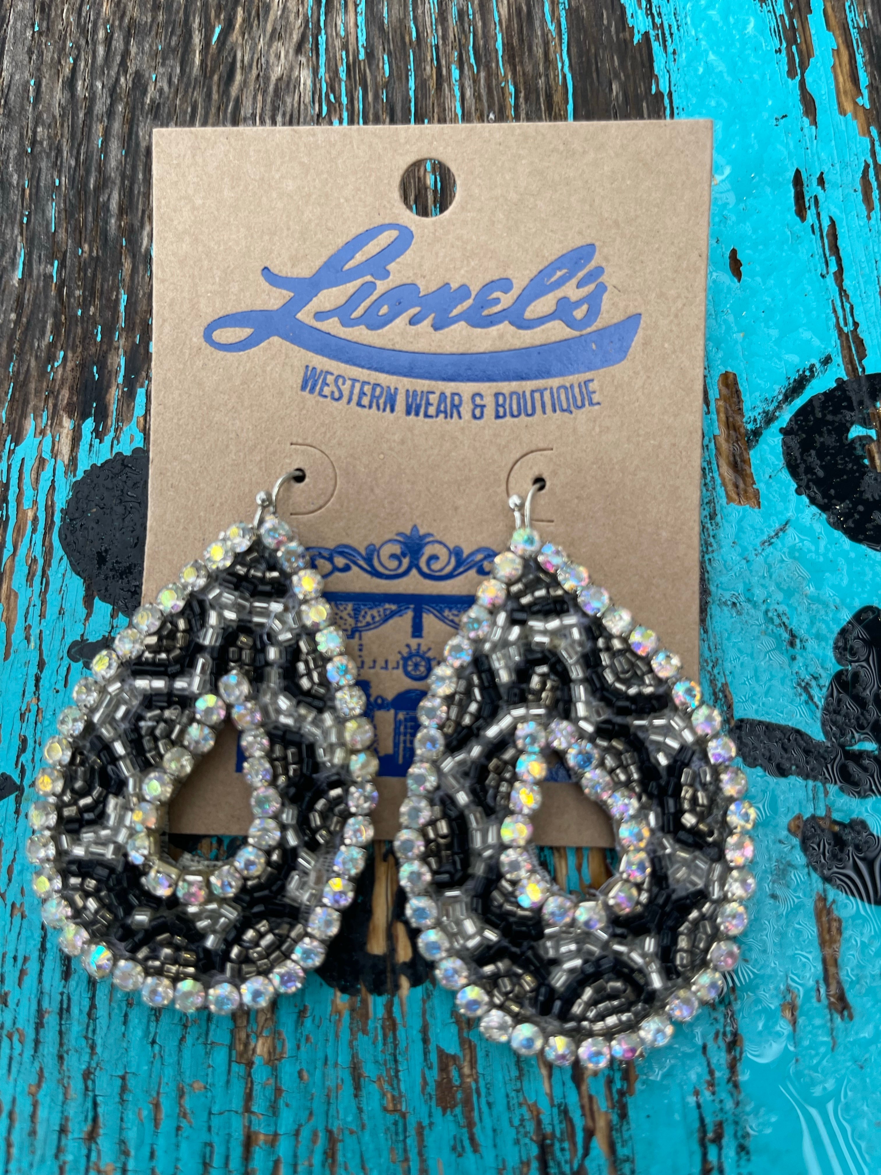 Silver/Black Beaded & Crystal Teardrop Leopard Earrings