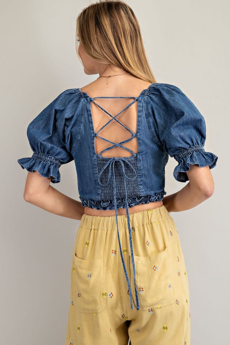 Denim Puff Sleeve Smocked Top