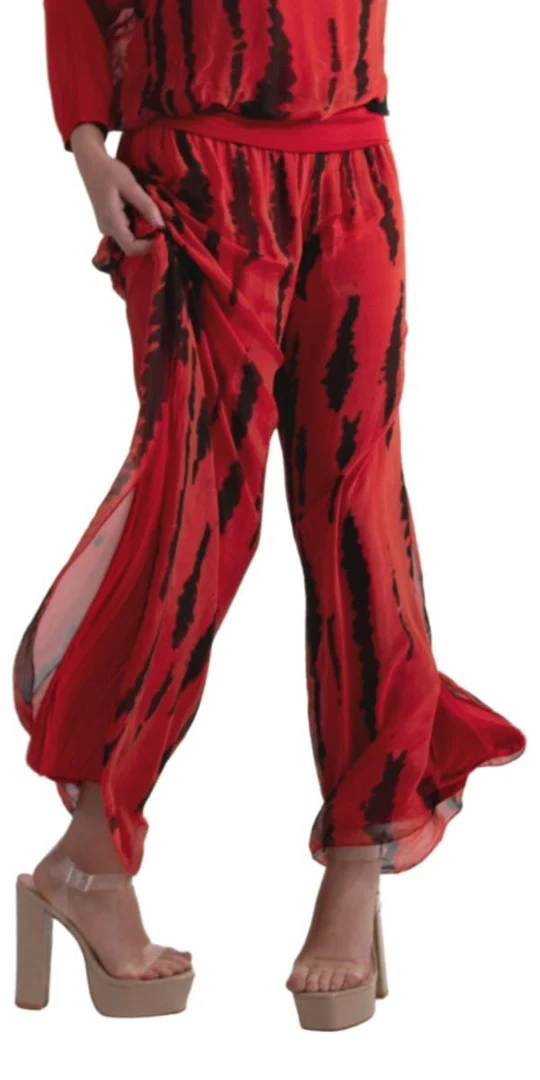 Black & Red Tie Dye Silk Pant w/ Side Slit