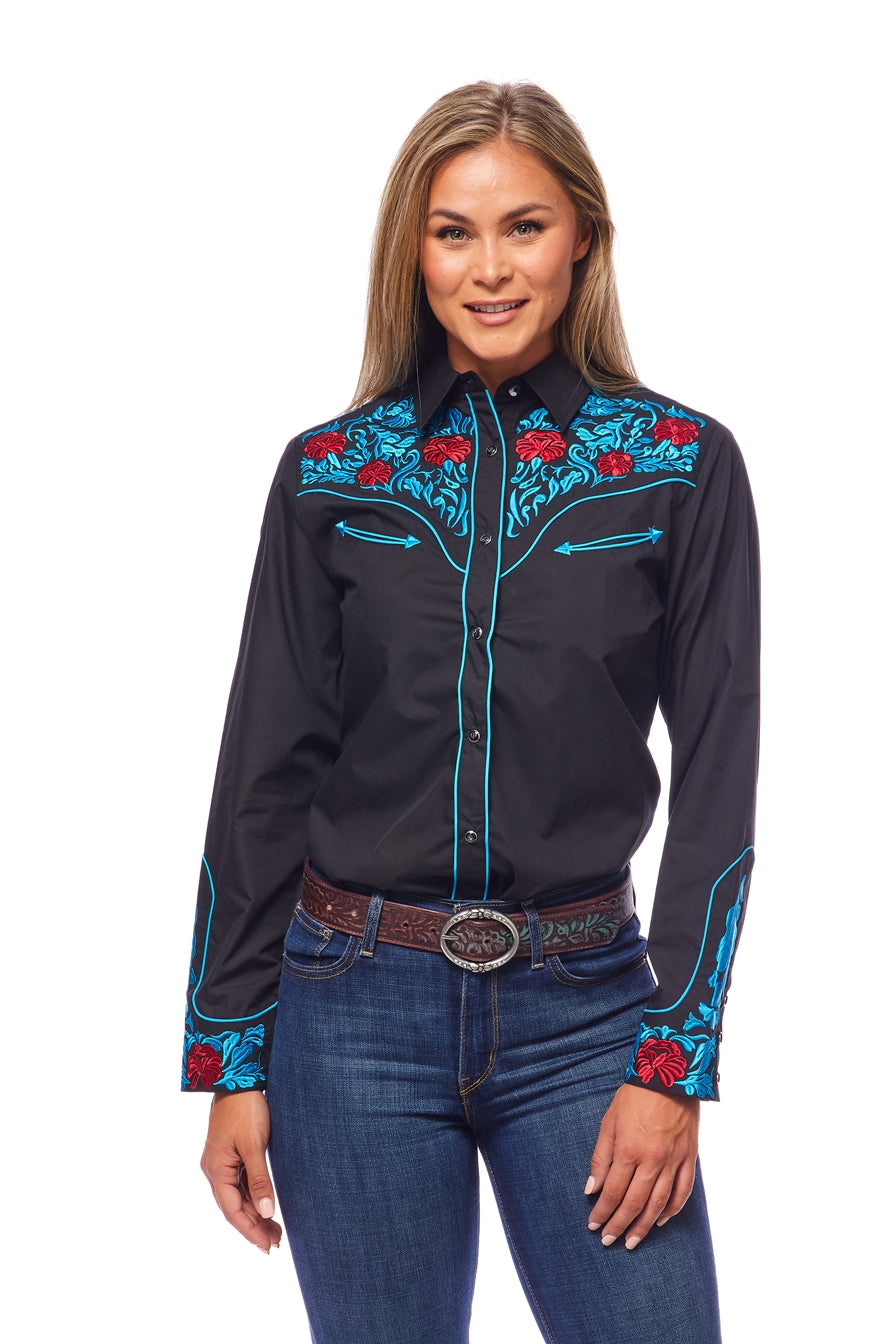 Ladies Black Western Blouse w/ Turquoise/Red Embroidery