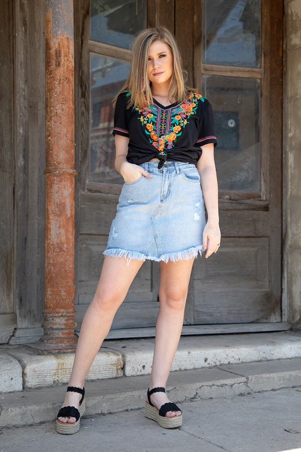 Denim Distressed Mini Skirt