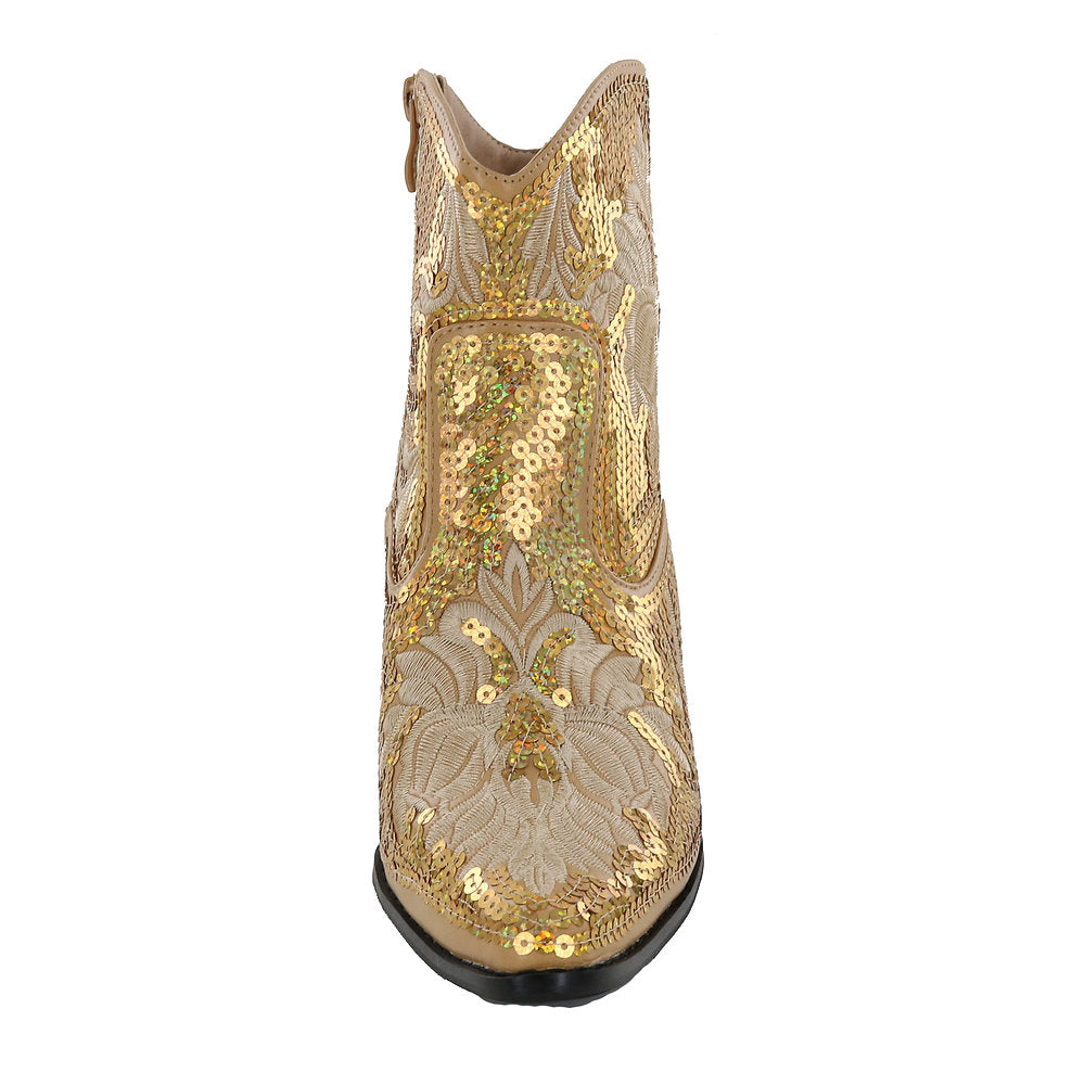 Gold Short Sequin & Embroidered Boots w/ Zipper