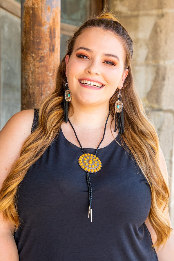 Ladies Concho Bolo Necklace In 3 Colors, Turquoise, Fuchsia, & Mustard