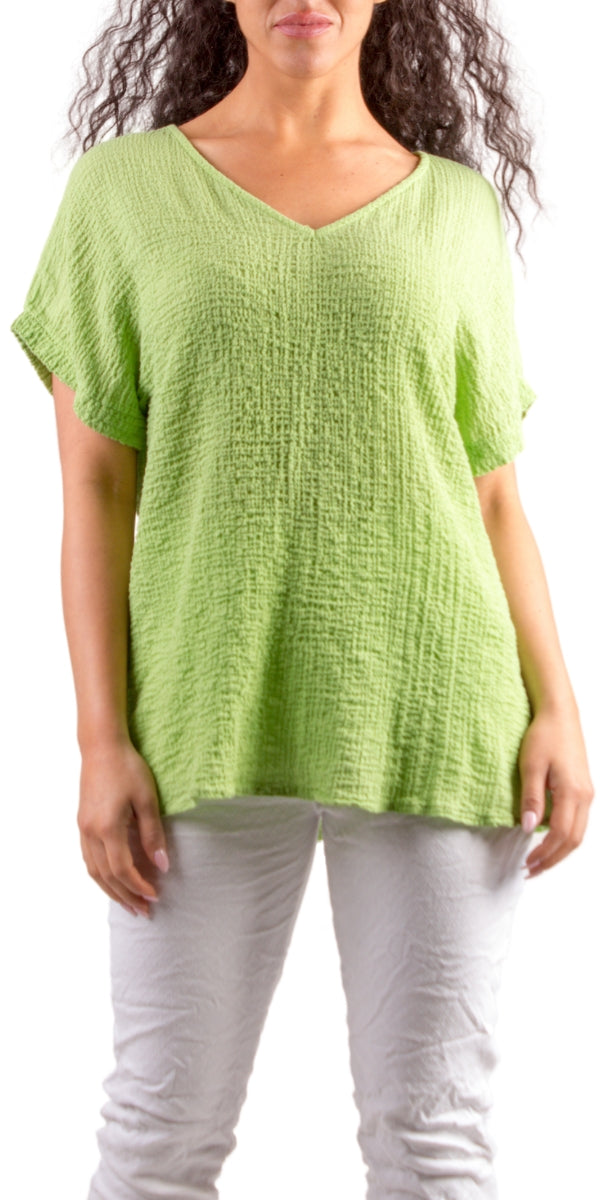 Lime Green Waffle Cotton V-Neck Top