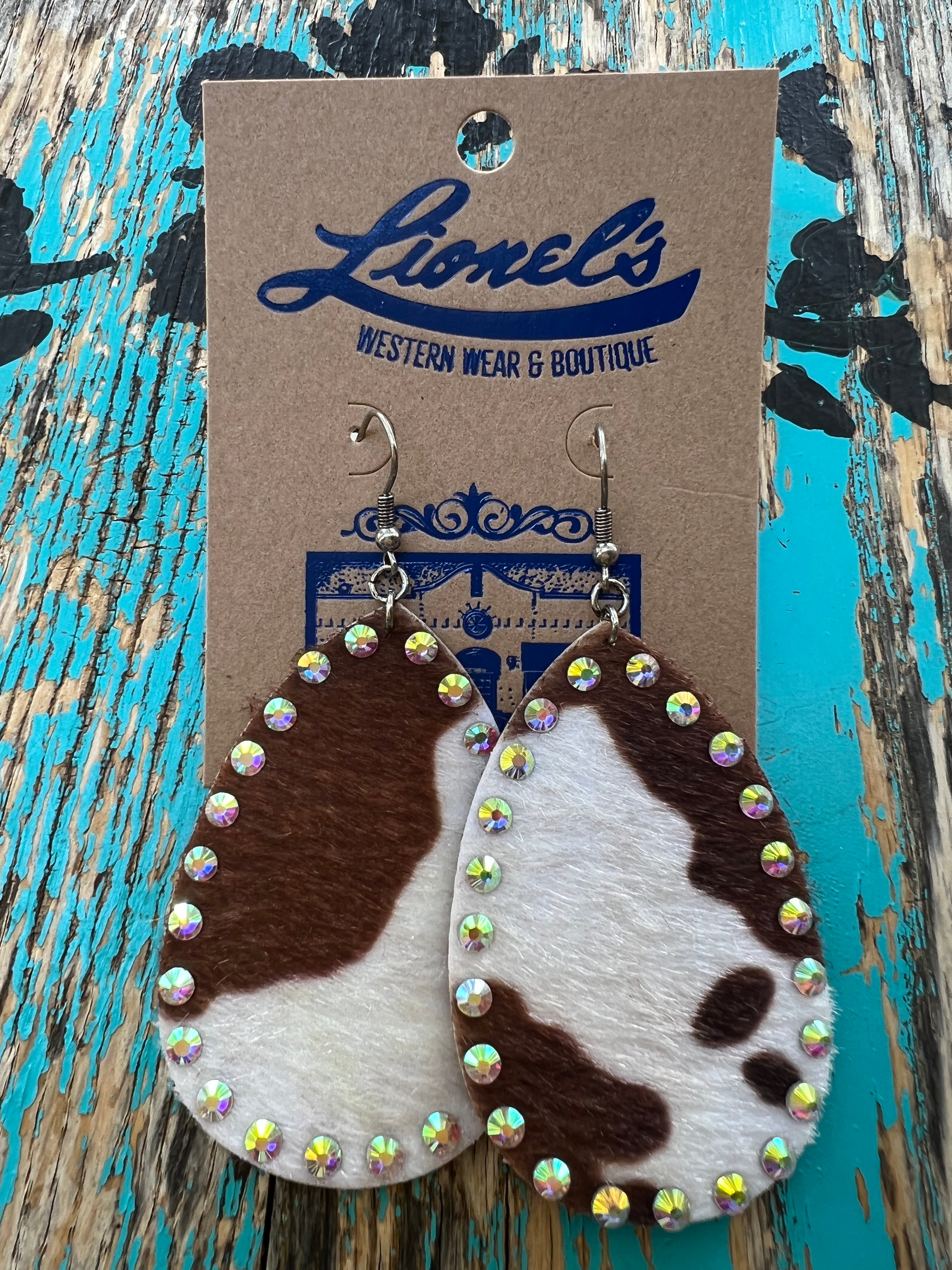 Brown & White Cow Print w/ Crystals Earring