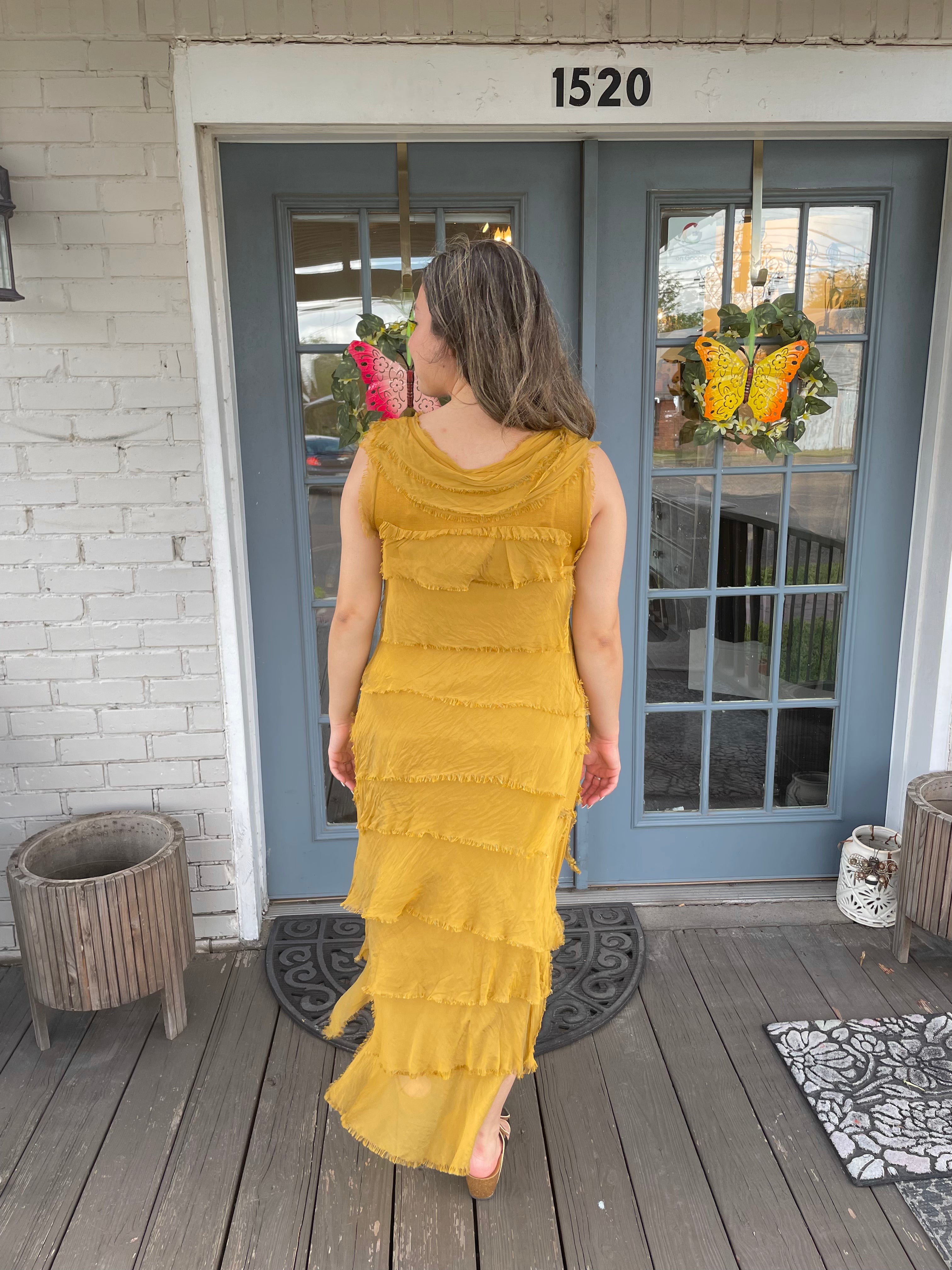 Mustard Silk Ankle Length Ruffle Dress