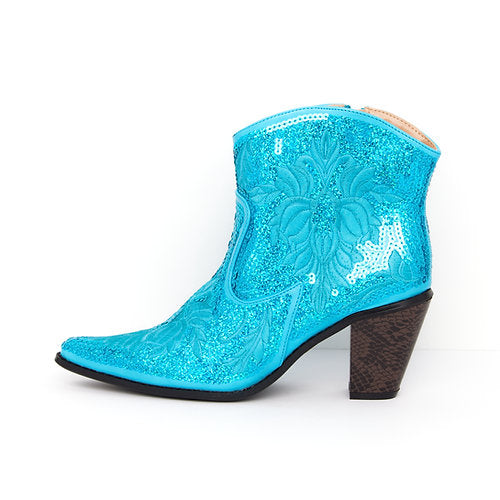 Turquoise Short Bling & Embroidered Boots w/ Zipper