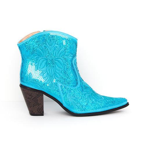 Turquoise Short Sequin & Embroidered Boots w/ Zipper