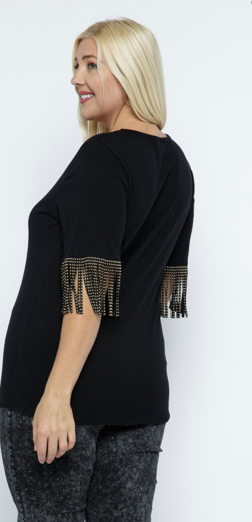 Black Short Sleeve Knit Top w/ Fringed Sleeve Details