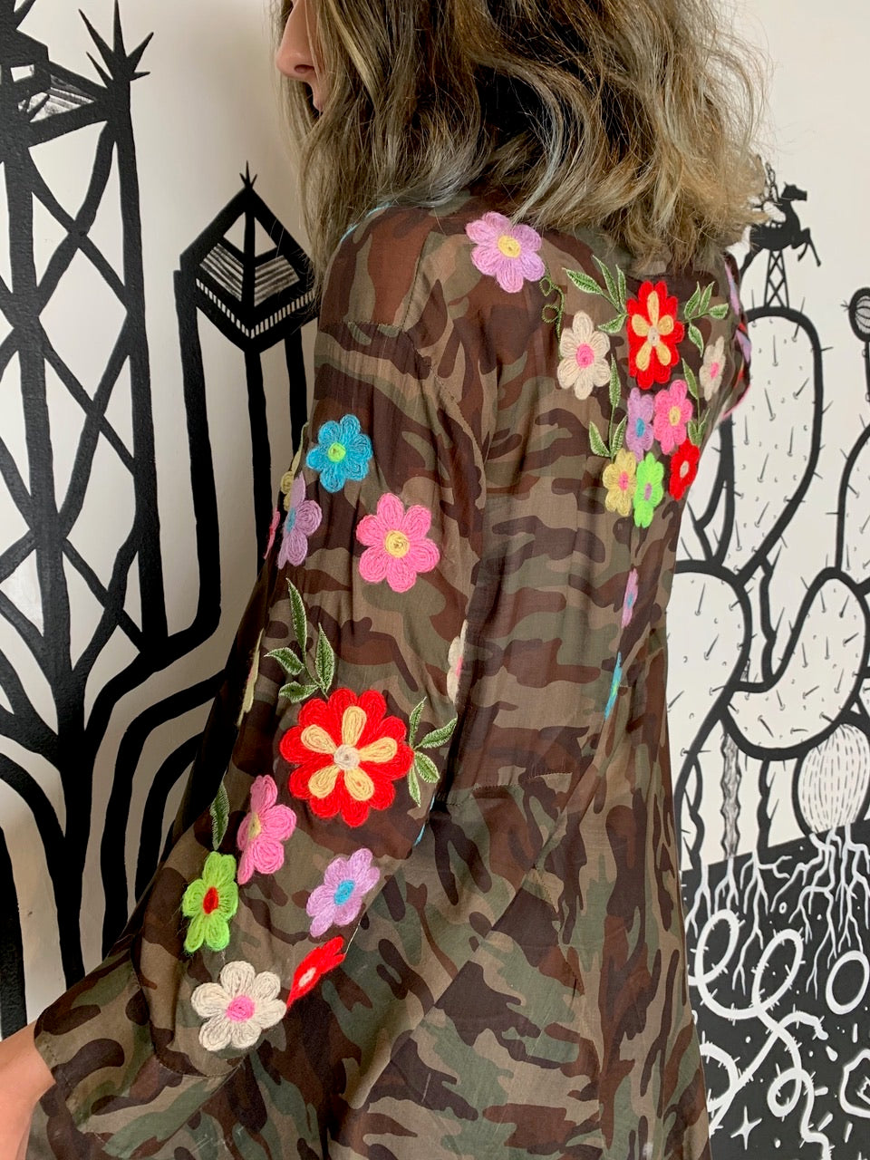 Camouflage Blouse w/ Flower Embroidery by Pong