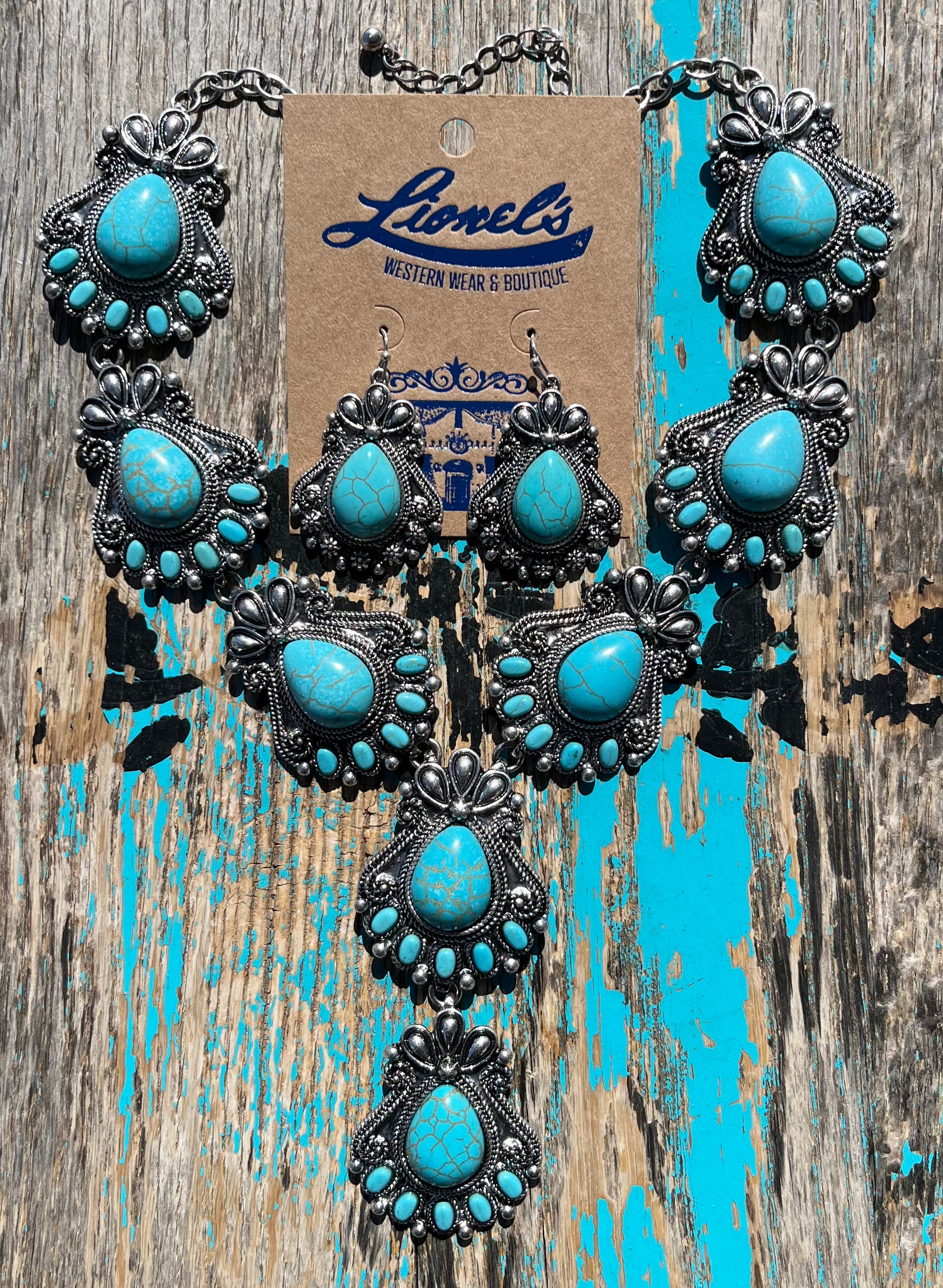Turquoise Filigree Squash Blossom Necklace w/ Earrings