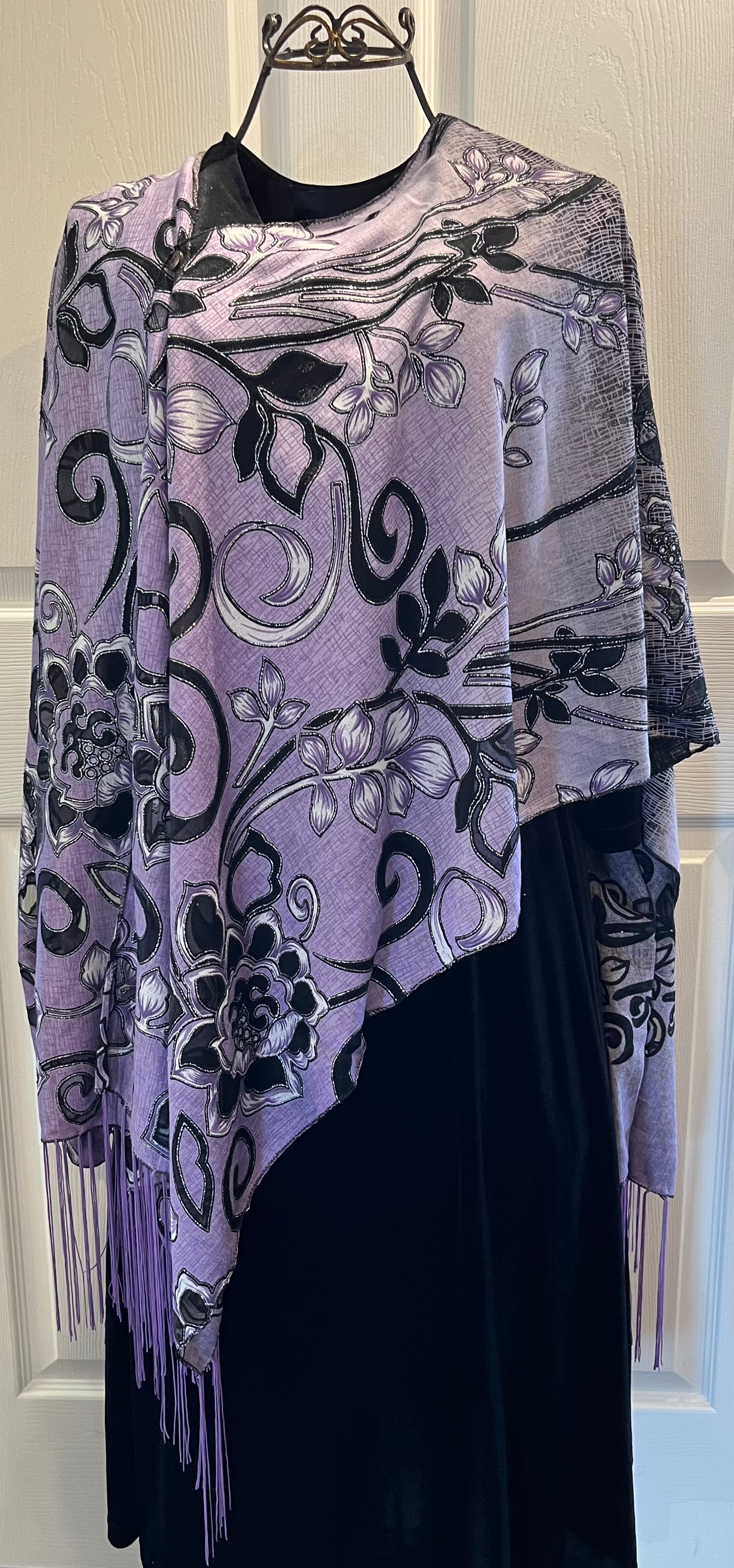 Purple & Black Scroll Flower 7-Way Scarf