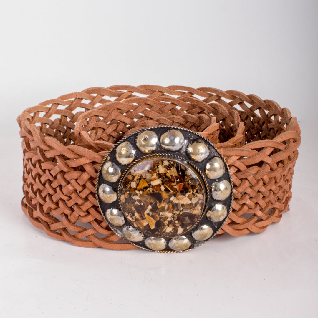 Camel Woven Leather Belt w/ Gold Buckle