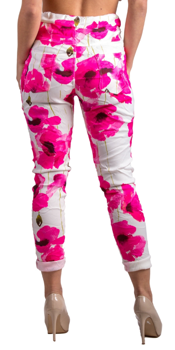 Hot Pink Flower Print Cropped Pant