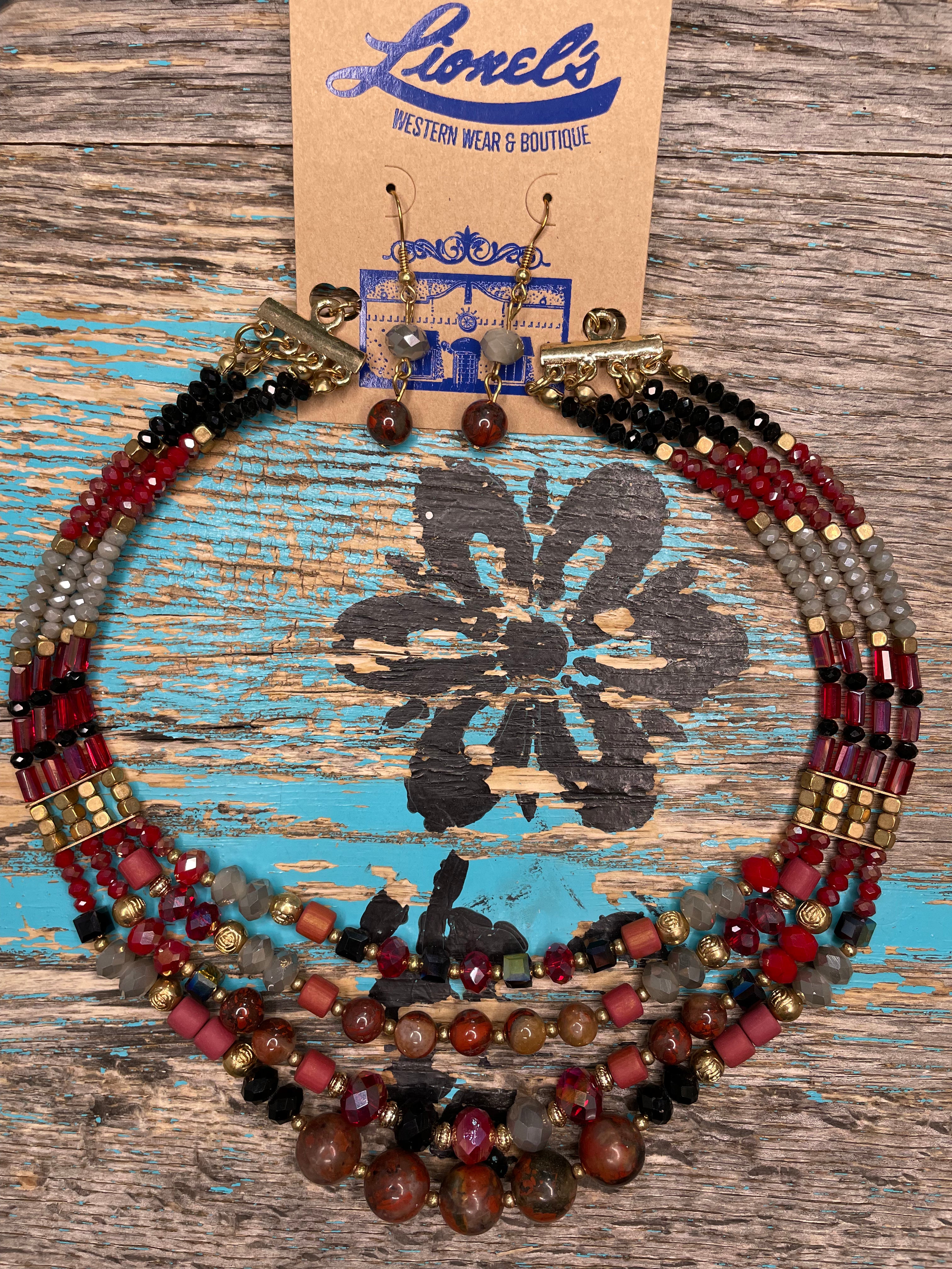 Rich Red Tones Multi Strands Necklace & Earrings