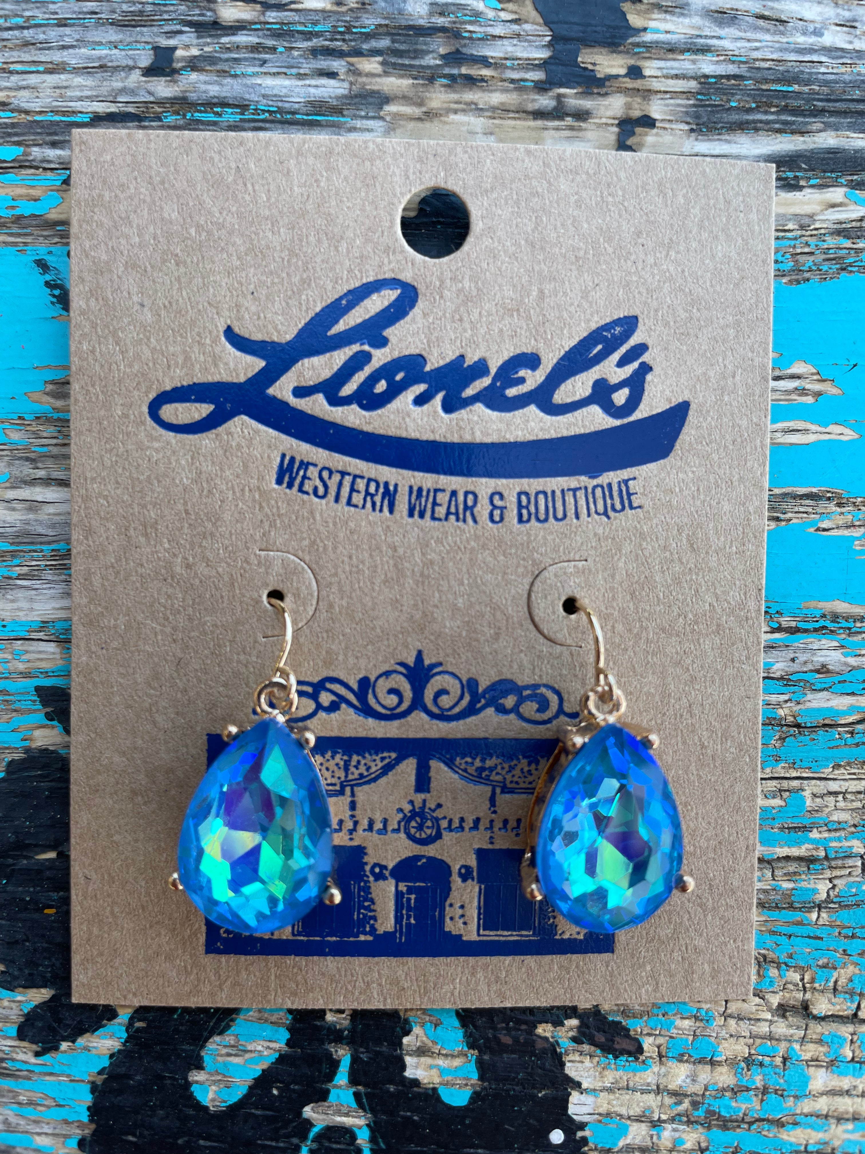 Cyan Blue/Gold Faceted Teardrop Crystal Earrings