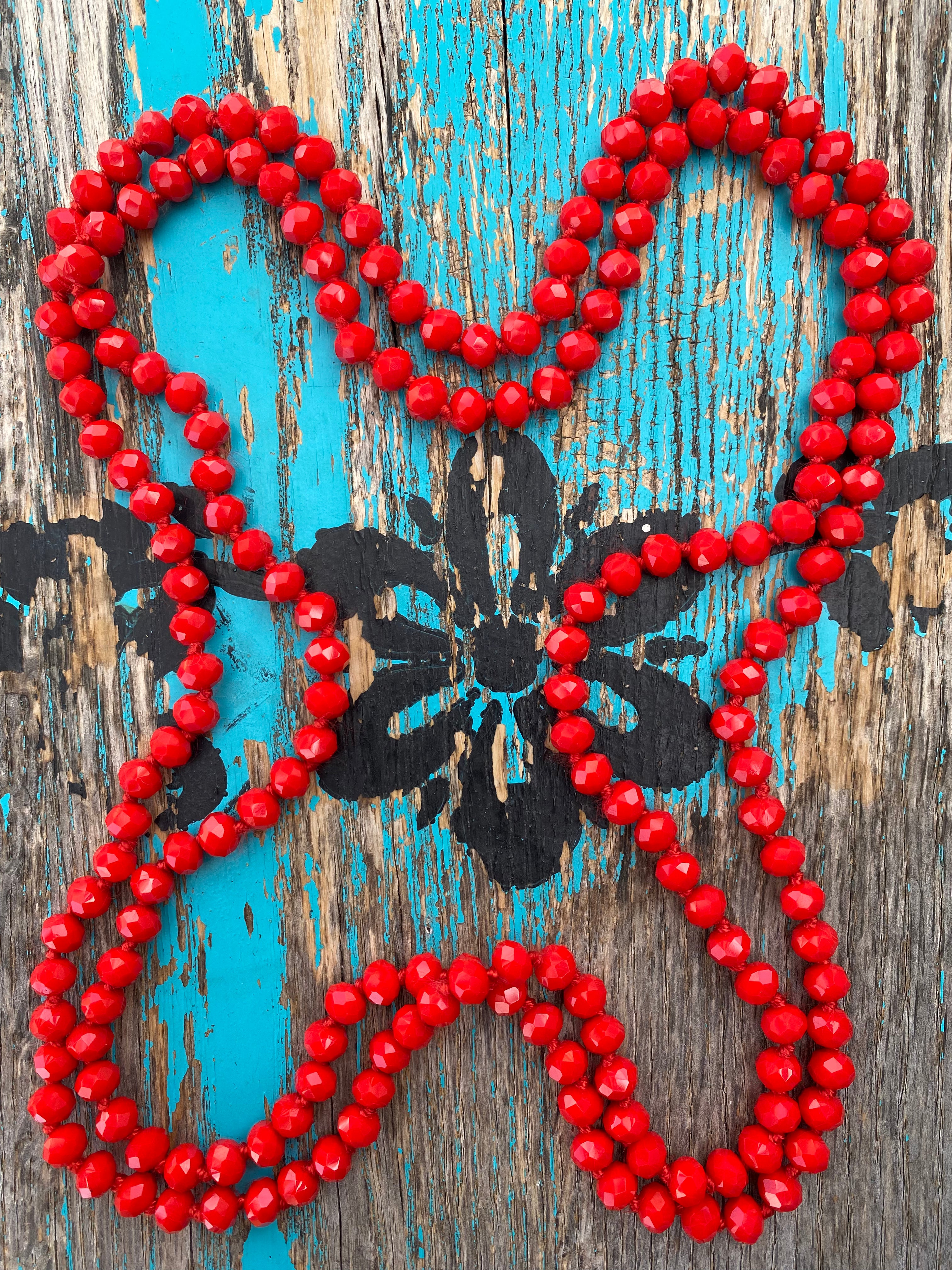 60" Hand Knotted RED Beaded Necklace