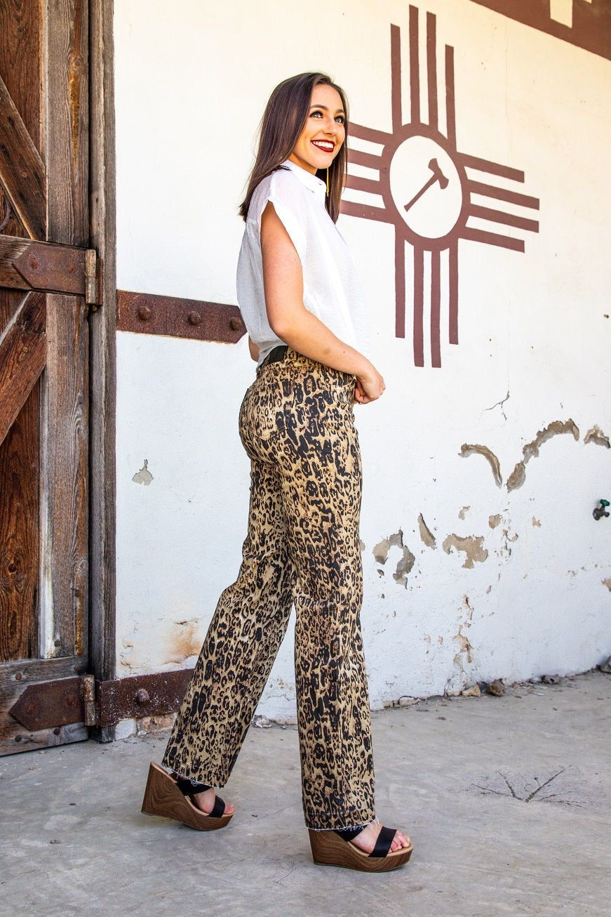 Leopard Print Wide Leg Denim Flare Jeans