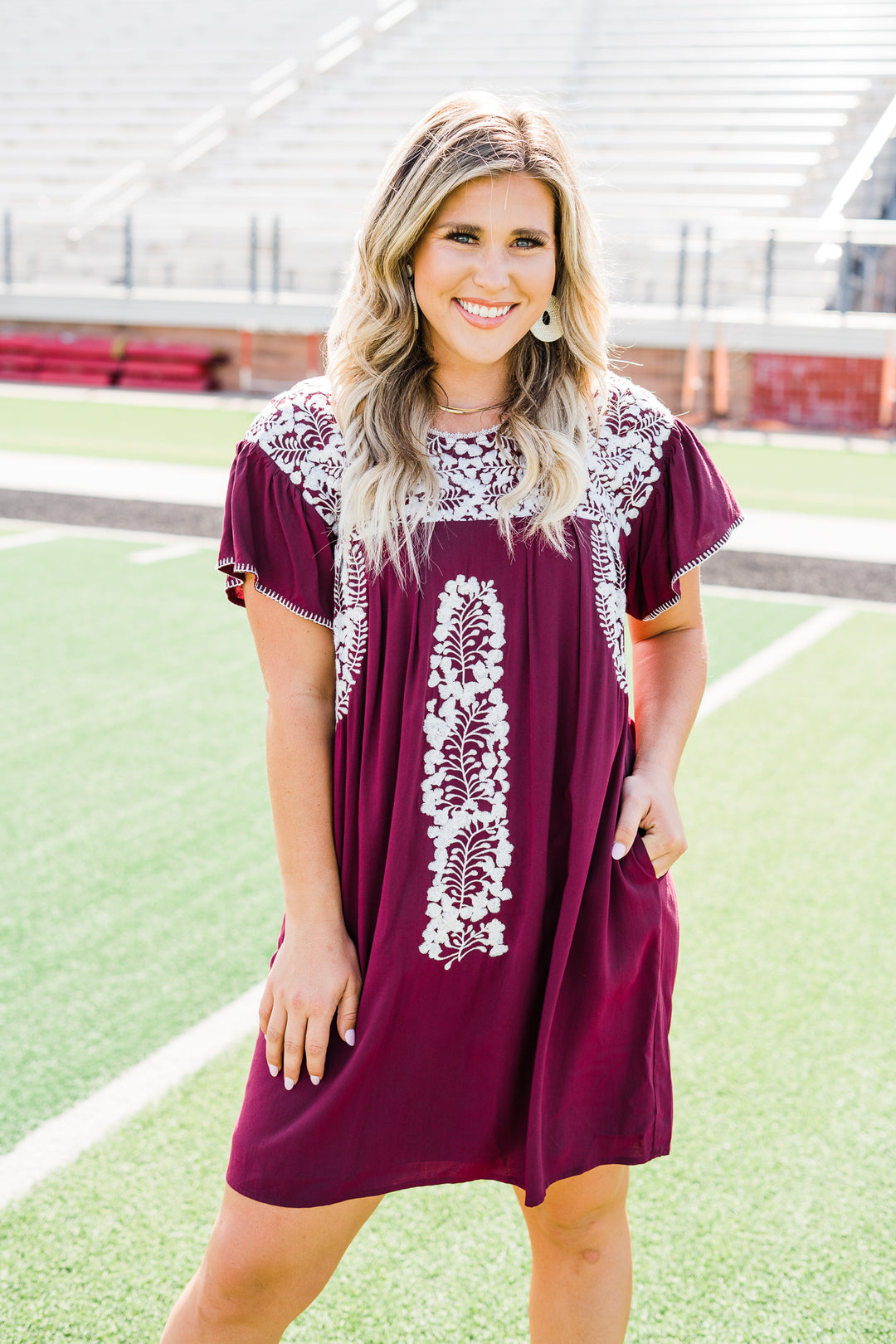 Mays Maroon & White Embroidered Dress