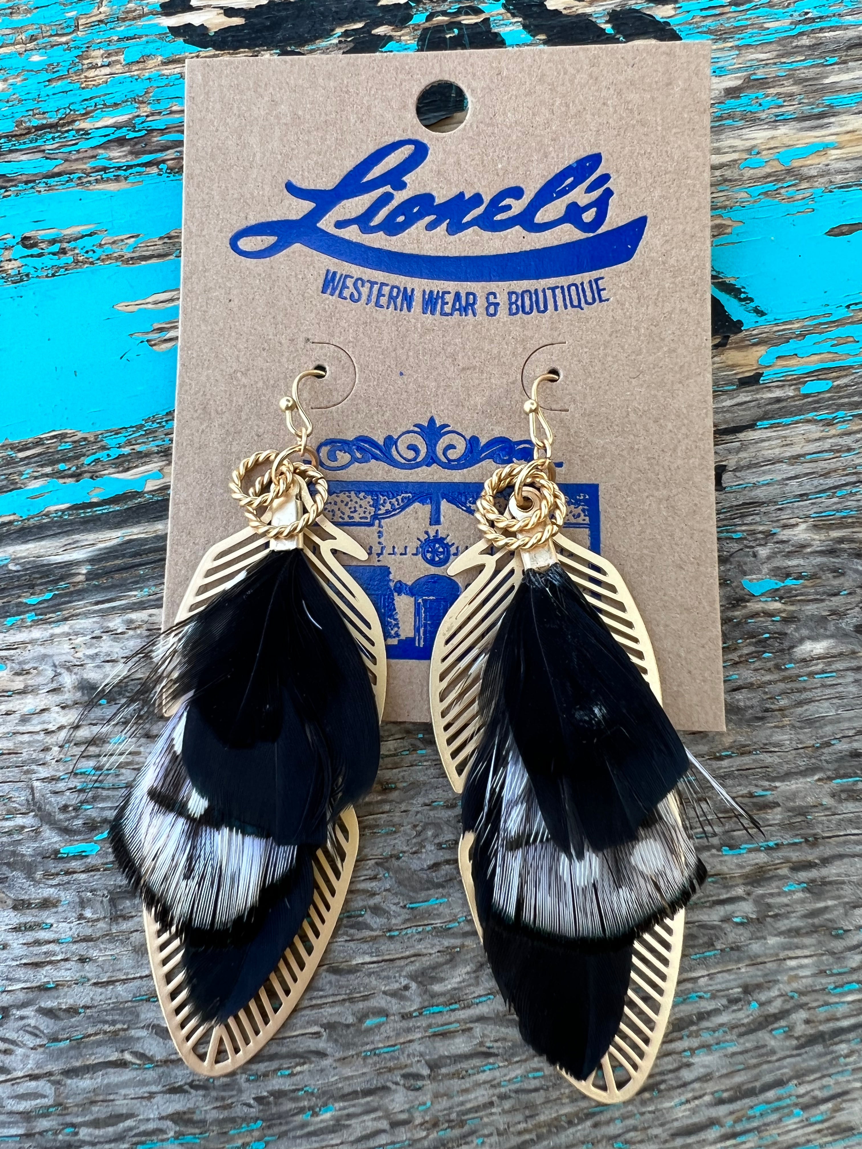 Metal Feather/Genuine Feather Earrings/Blk