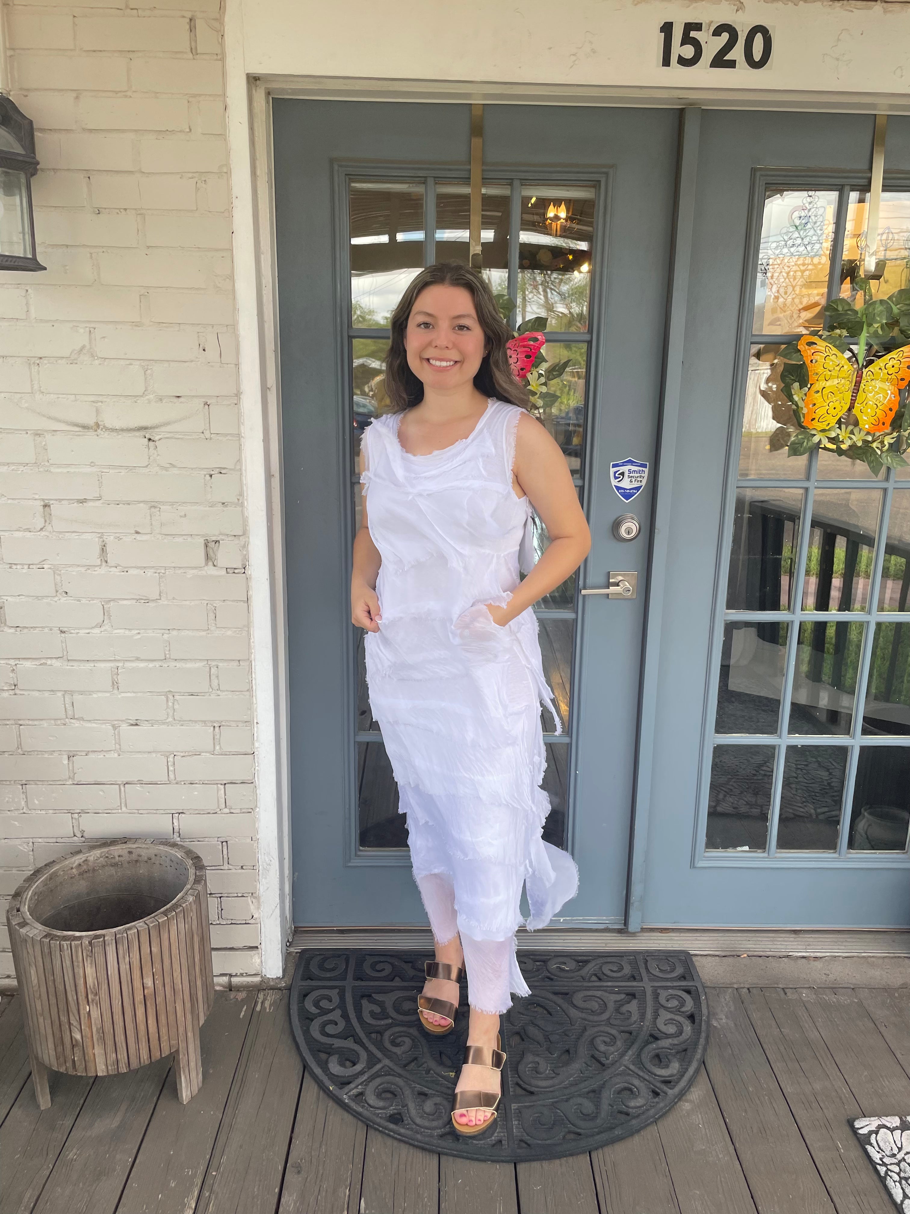 White Silk Ankle Length Ruffle Dress