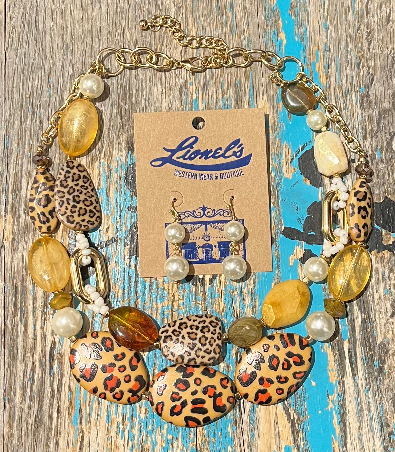 Multi Strand Leopard/Pearl Necklace w/ Earrings