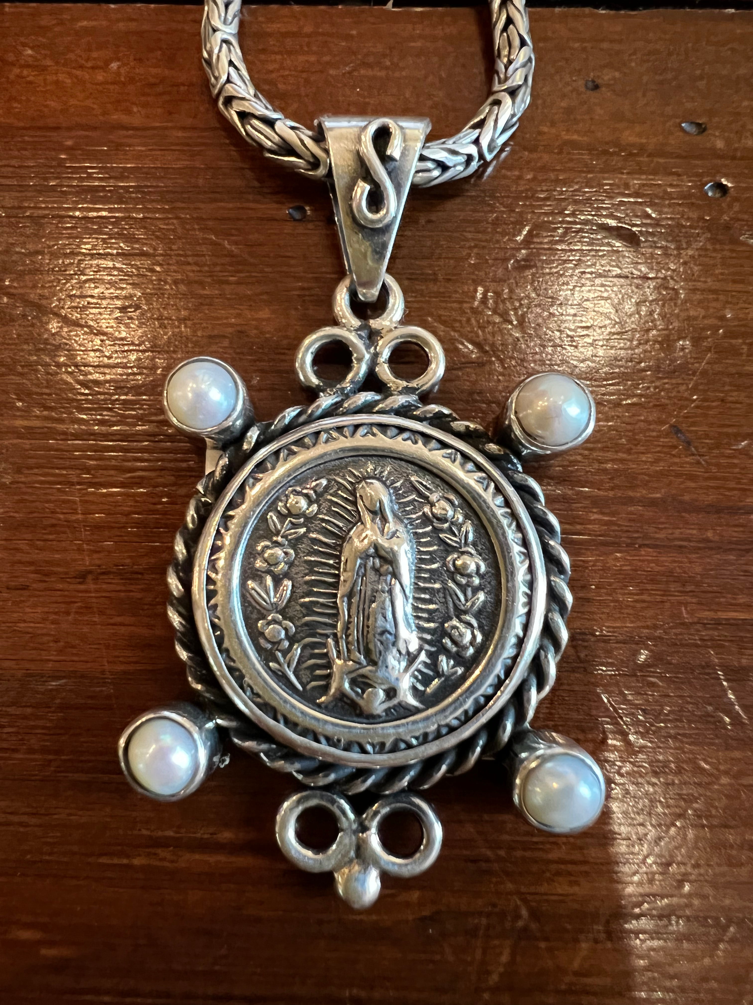Circular Virgen de Guadalupe Pendant/Sterling Silver & Pearls
