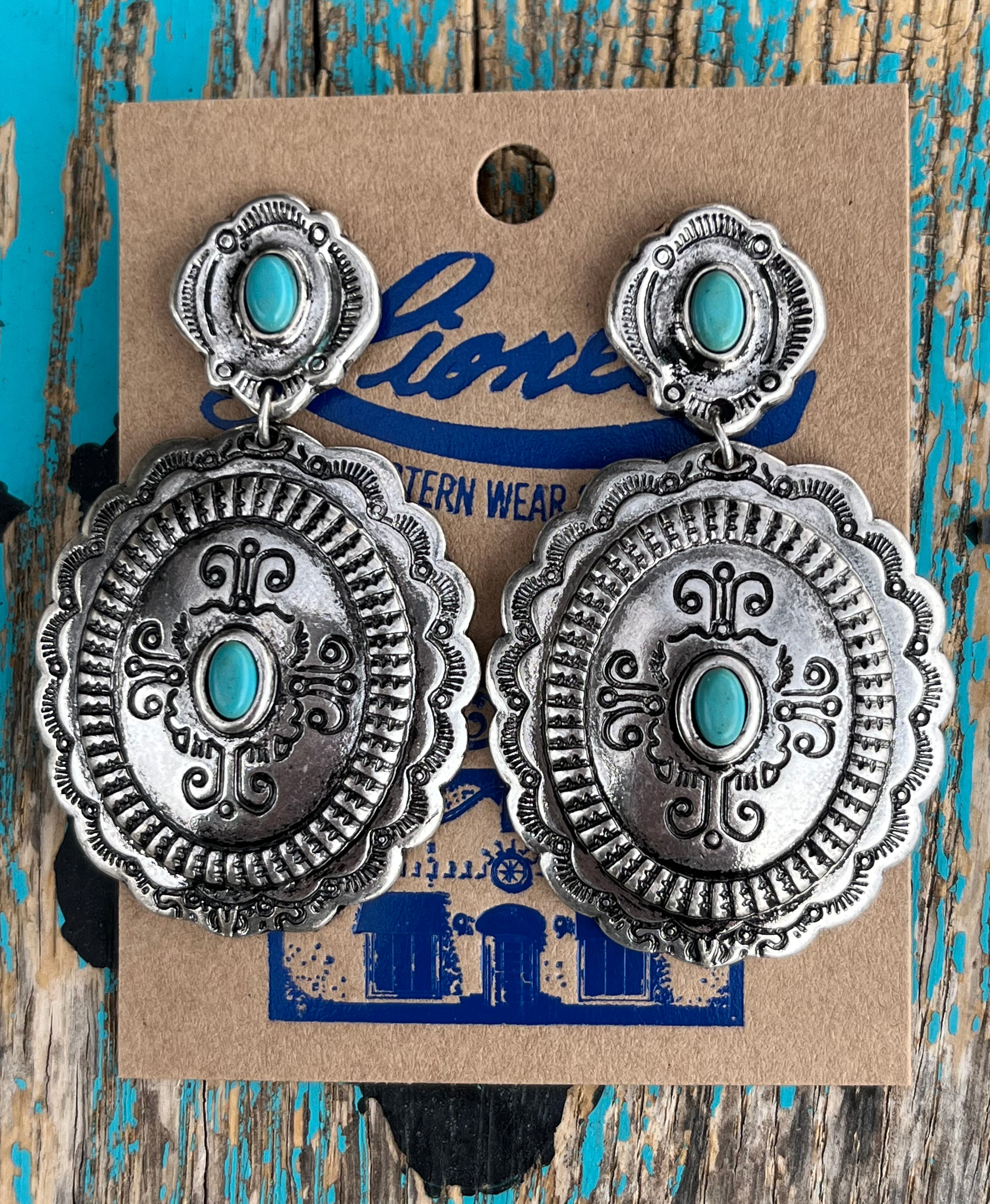 Large Concho Drop Earring w/ Turquoise Center Stone