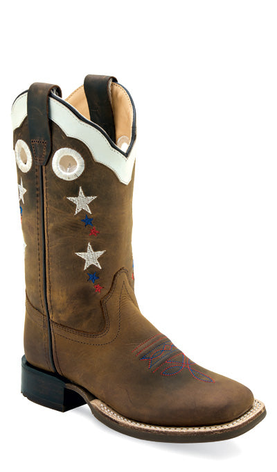Old West Western Boots Girls Leather Rubber Stars Brown